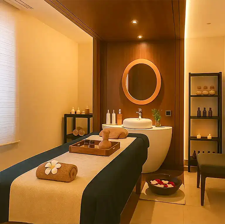 Single spa therapy room at Tattva Wellness Spa, Nagavara, Hebbal, Bengaluru, featuring a massage bed, warm lighting, and soothing interiors for relaxation.