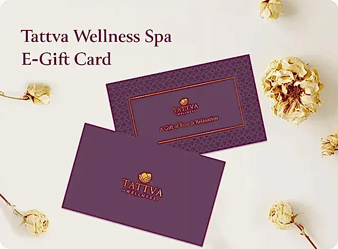 Tattva spa purple gift cards with gold text and flowers