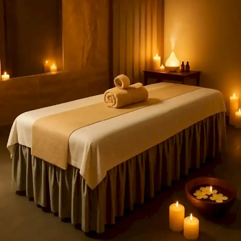 A softly lit spa treatment room with a single massage bed covered in beige linens, two neatly rolled towels placed at the center, and several glowing candles arranged on the floor and side table, creating a calm and intimate relaxation setting.
